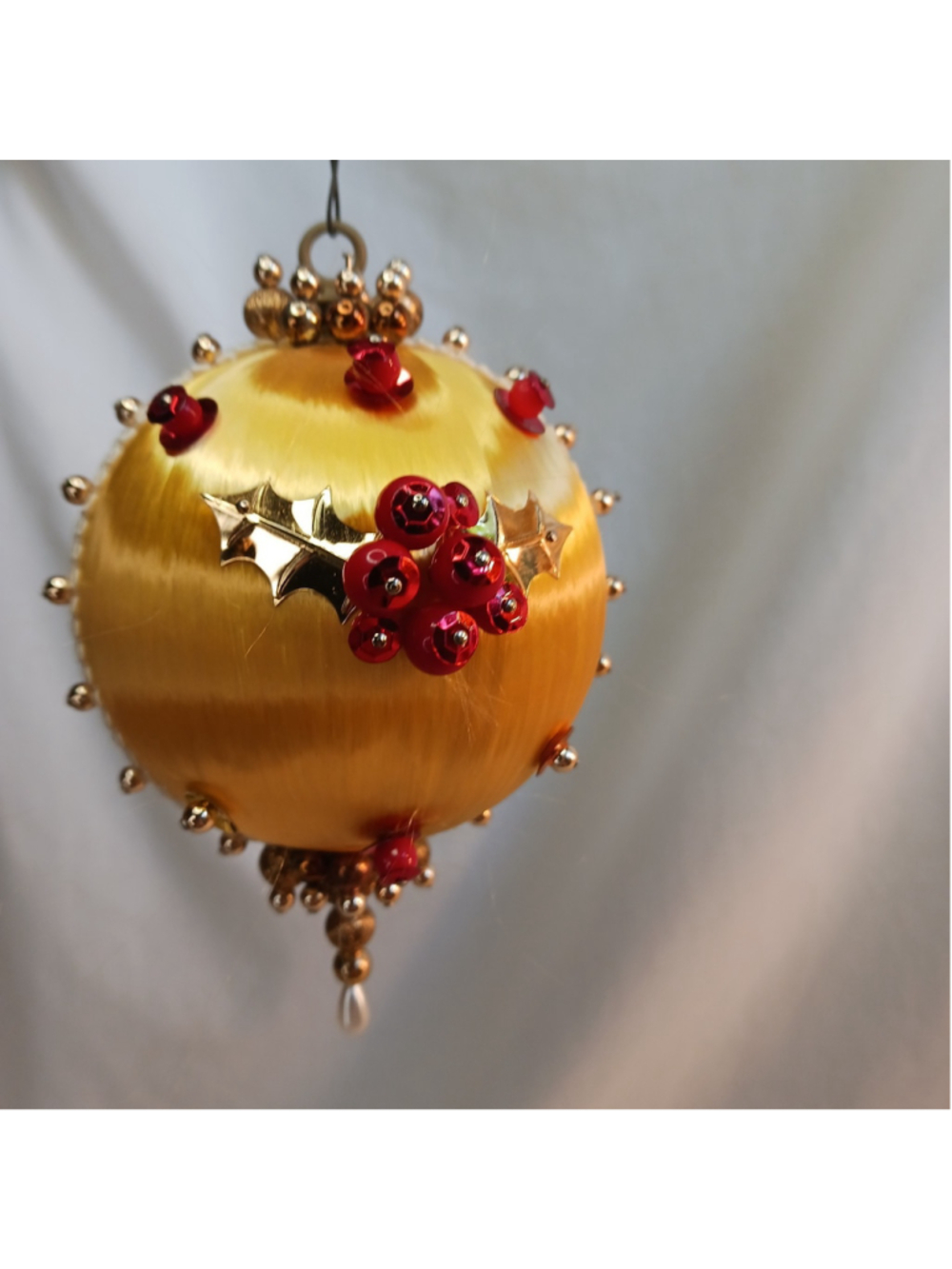 VTG Holly Beaded Push Pin Satin Gold Red Ornament Ball Christmas Granny Core